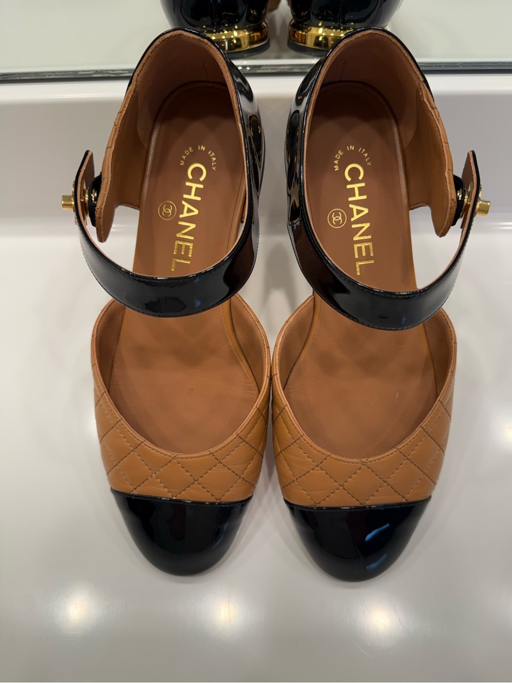 CHANEL Two-Tone Quilted Mary Jane Flats in Tan and Black IT38.5